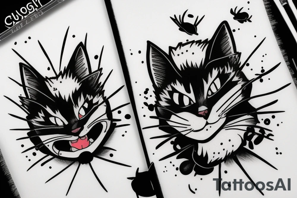 Black cat in broken Subaru Forester tattoo idea
