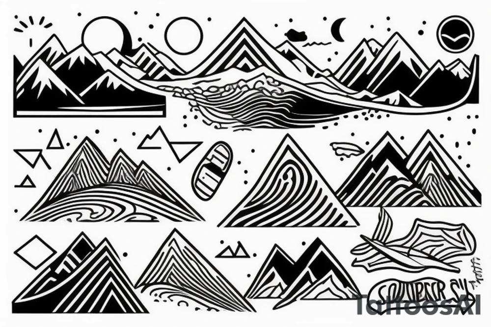 Surfer, mountain,sunset tattoo idea