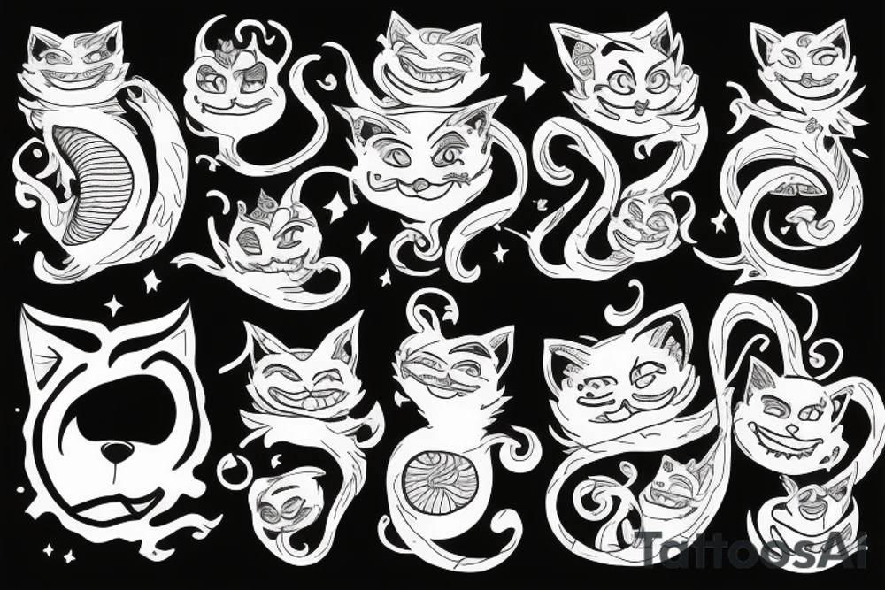 cheshire cat with smile and fire tattoo idea