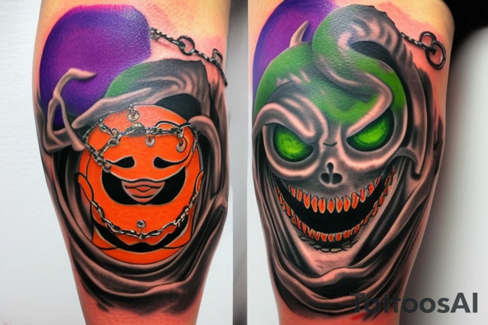 An orange shinigami mask on the shoulder, with a chained red moon on the back of the shoulder. On the forearm there are two snakes, a green one and a violet one. Autumn leaves and mystical amulets at the wrist tattoo idea
