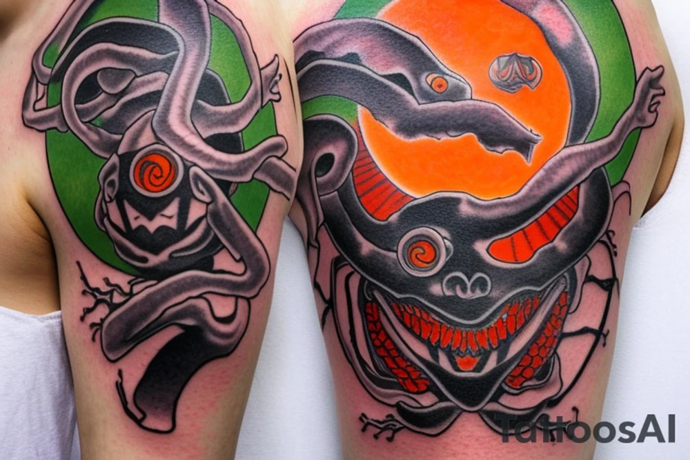 An orange shinigami mask on the shoulder, with a chained red moon on the back of the shoulder. On the forearm there are two snakes, a green one and a violet one. Autumn leaves and mystical amulets at the wrist tattoo idea