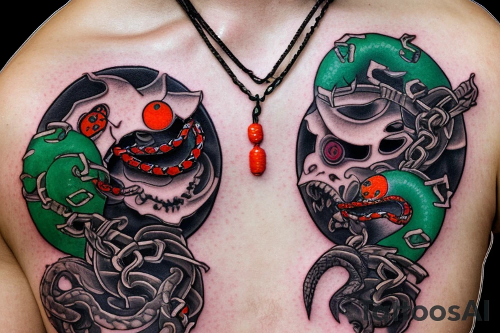 An orange shinigami mask on the shoulder, with a chained red moon on the back of the shoulder. On the forearm there are two snakes, a green one and a violet one. Autumn leaves and mystical amulets at the wrist tattoo idea
