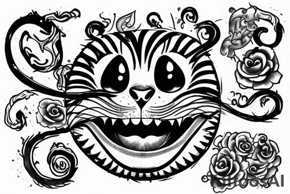 cheshire cat with smile and fire damage tattoo idea