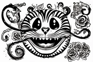 cheshire cat with smile and fire damage tattoo idea