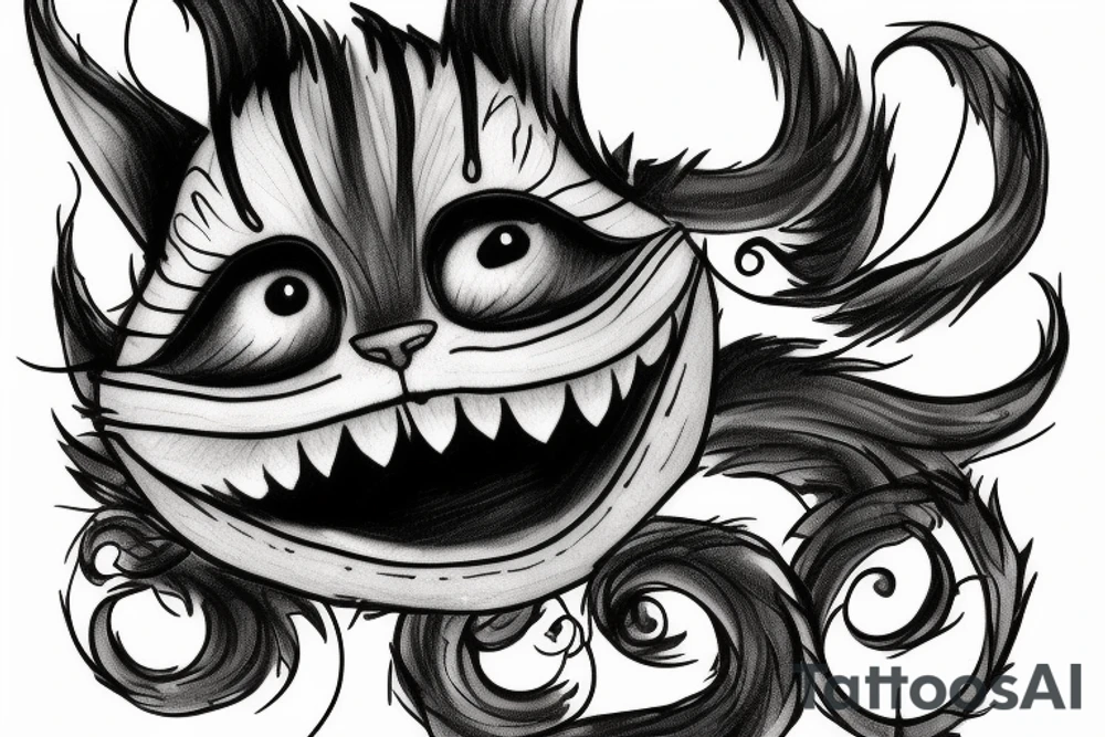 cheshire cat with smile and fire damage tattoo idea