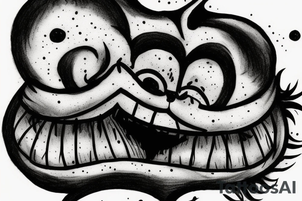 cheshire cat with smile and fire danger and dark tattoo idea