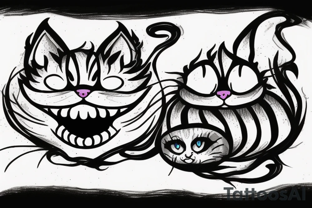 cheshire cat with smile and fire danger and dark tattoo idea