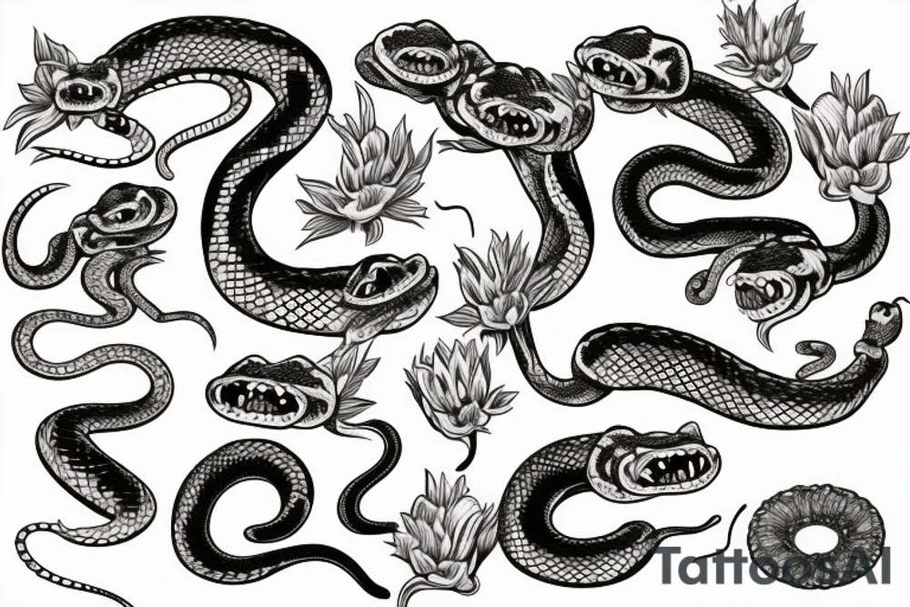 a snake with an open mouth and fangs strangles a mouse , against the background of flowering branches of van Gogh almonds tattoo idea