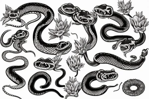 a snake with an open mouth and fangs strangles a mouse , against the background of flowering branches of van Gogh almonds tattoo idea