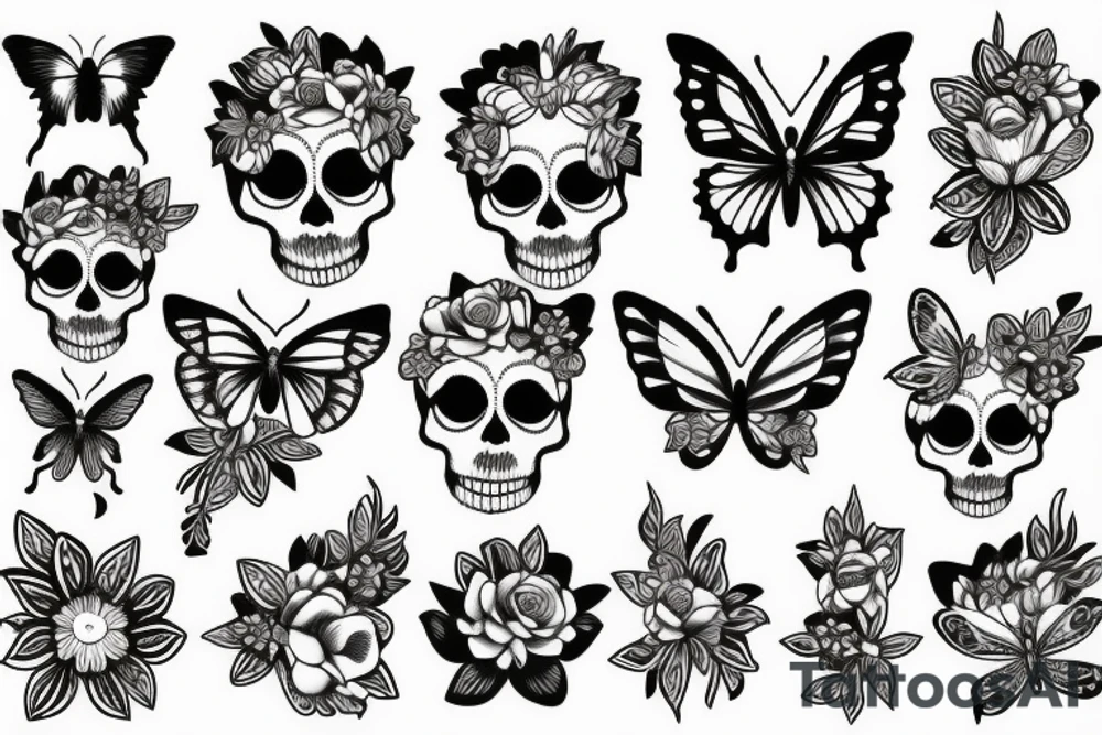Skull flowers butterfly tattoo idea
