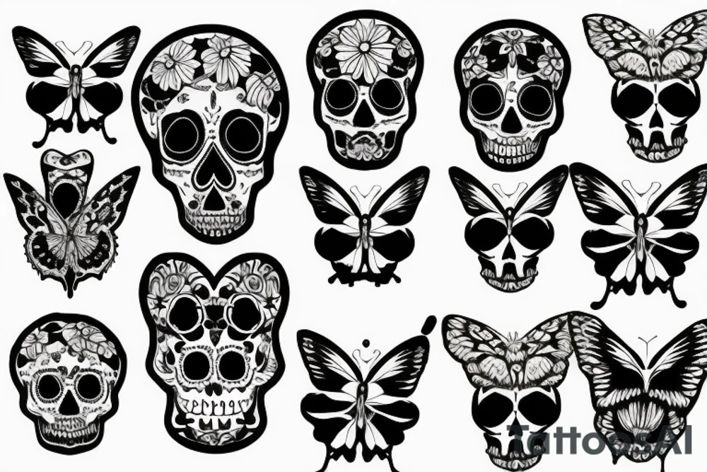 Skull flowers butterfly tattoo idea
