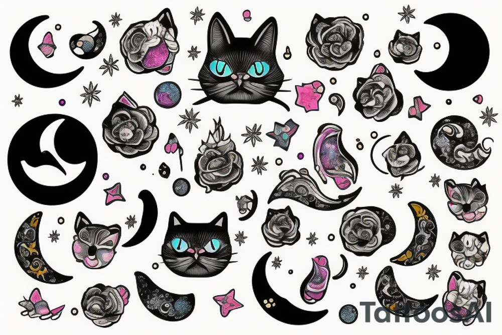 Fancy cat sparkle moon tattoo idea