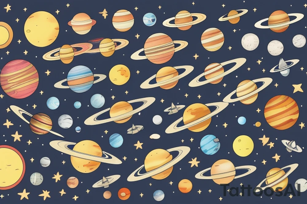 Space ship in the endless space with a lot of different planets tattoo idea