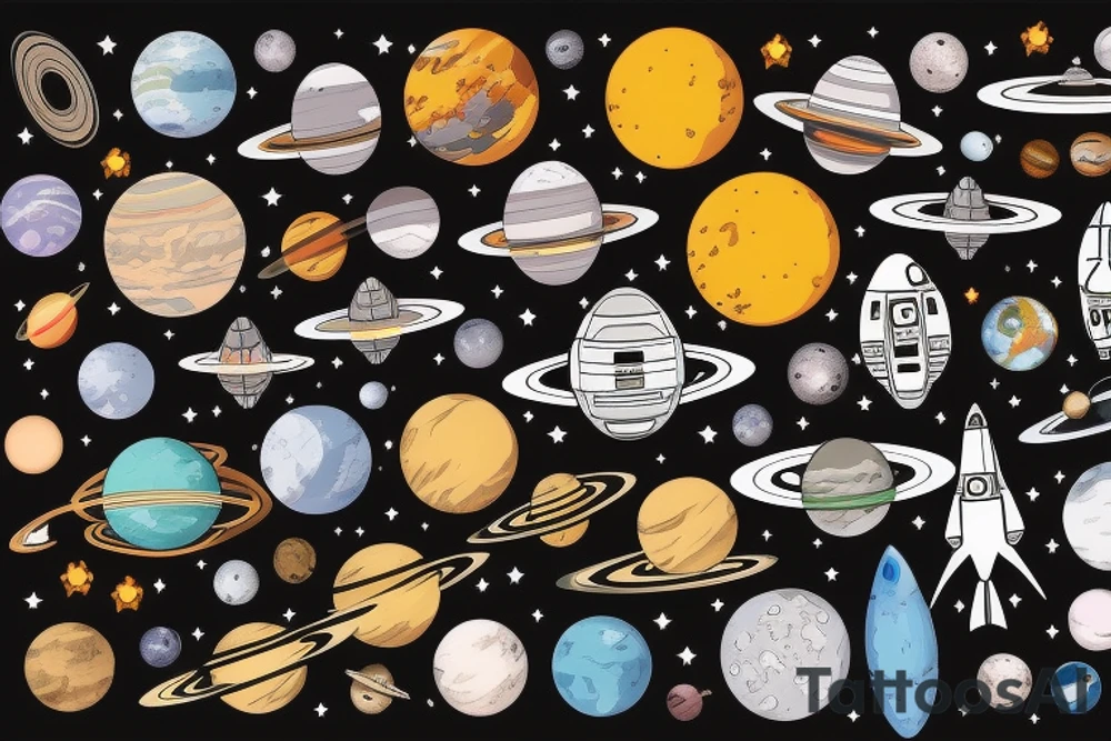 Space ship in the endless space with a lot of different planets tattoo idea
