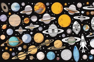 Space ship in the endless space with a lot of different planets tattoo idea
