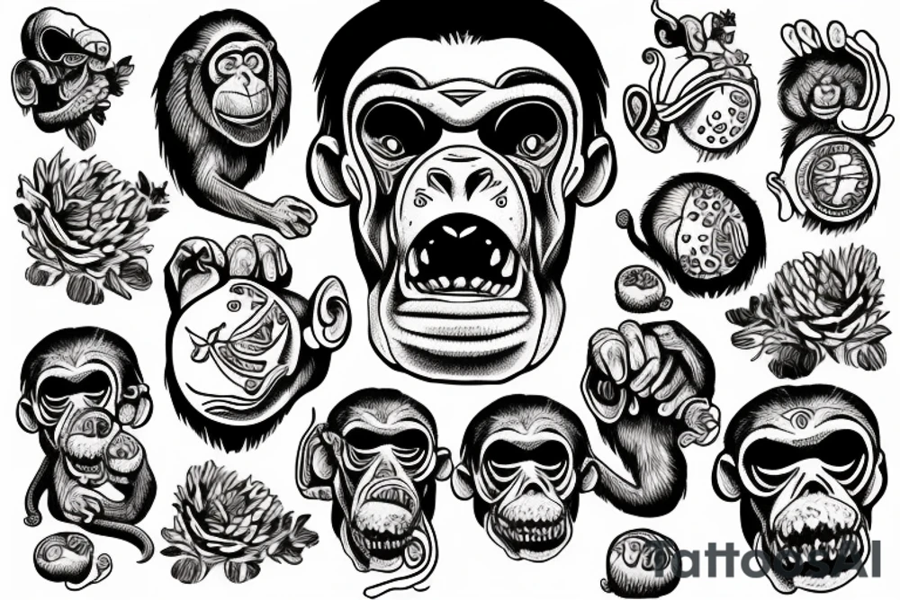 The head of a monkey who holds fly agarics in his hands tattoo idea