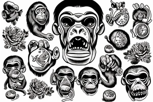 The head of a monkey who holds fly agarics in his hands tattoo idea