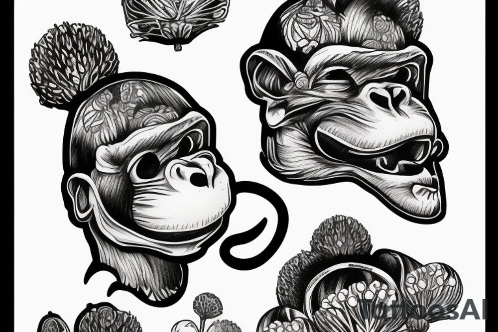 The head of a monkey who holds fly agarics in his hands tattoo idea