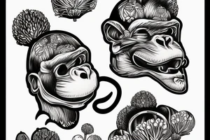 The head of a monkey who holds fly agarics in his hands tattoo idea
