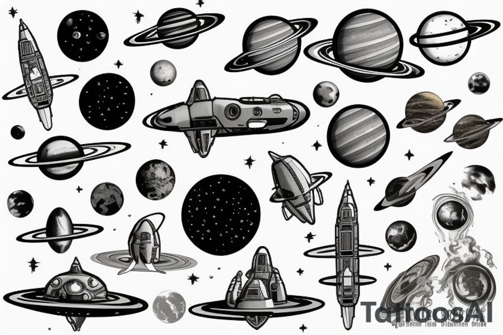 Space ship in the endless space with a lot of different planets tattoo idea