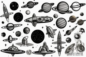 Space ship in the endless space with a lot of different planets tattoo idea