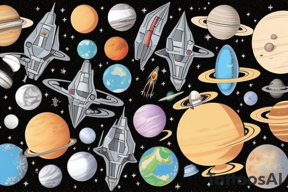 Space ship in the endless space with a lot of different planets tattoo idea