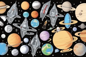 Space ship in the endless space with a lot of different planets tattoo idea