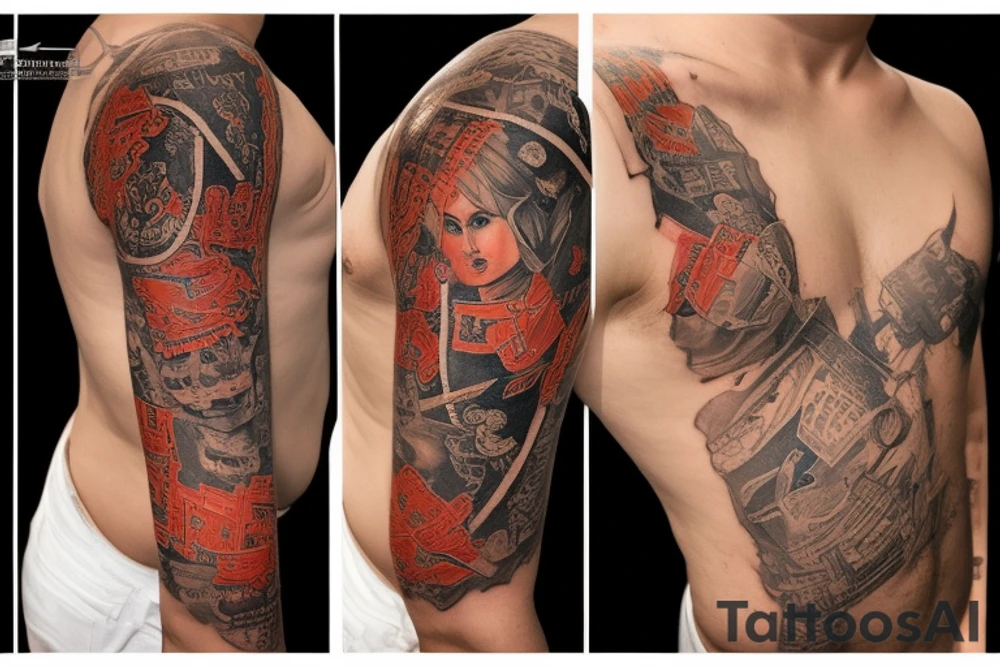 Самурай в сеттинге киберпанк анфас, вращающий на пальце мяч tattoo idea Самурай в сеттинге киберпанк анфас, вращающий на пальце мяч tattoo idea