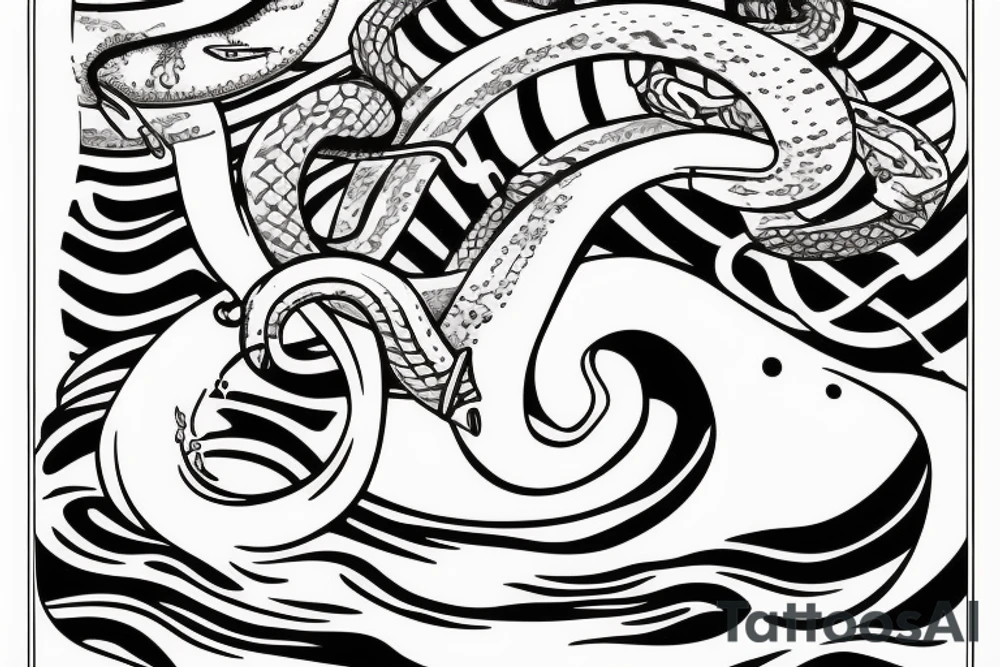 Snake is surfing on wave and drink rum tattoo idea