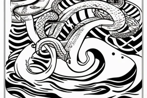 Snake is surfing on wave and drink rum tattoo idea