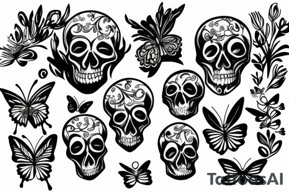 Skull flowers butterfly tattoo idea