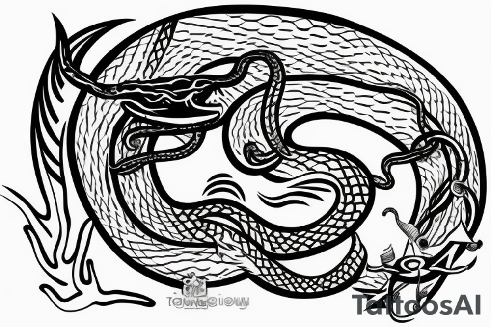 Snake is surfing on wave and drink rum tattoo idea