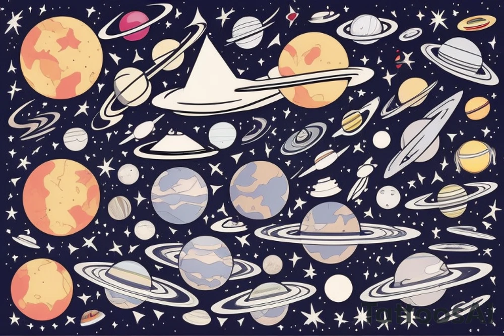 Space ship in the endless space with a lot of different planets tattoo idea