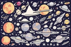 Space ship in the endless space with a lot of different planets tattoo idea
