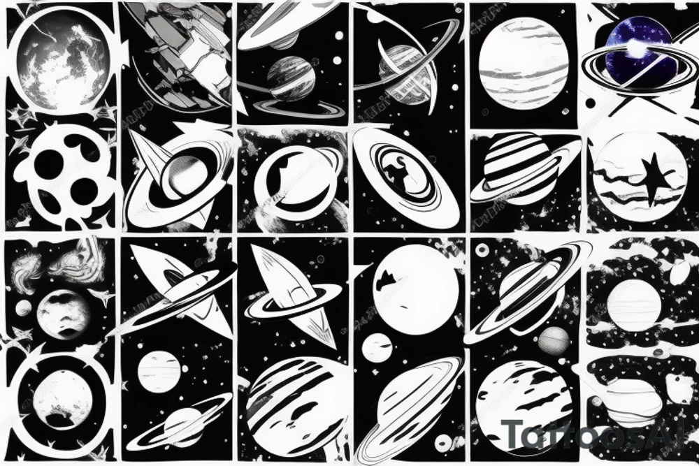 Space ship in the endless space with a lot of different planets tattoo idea