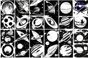 Space ship in the endless space with a lot of different planets tattoo idea
