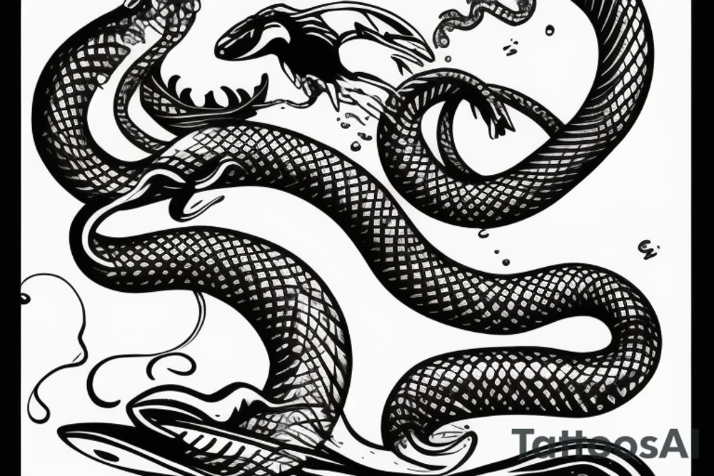 Snake is surfing on wave and drink rum tattoo idea
