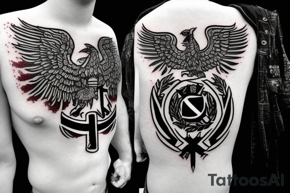 Ukrainian coat of arms in blood with a combat inscription tattoo idea
