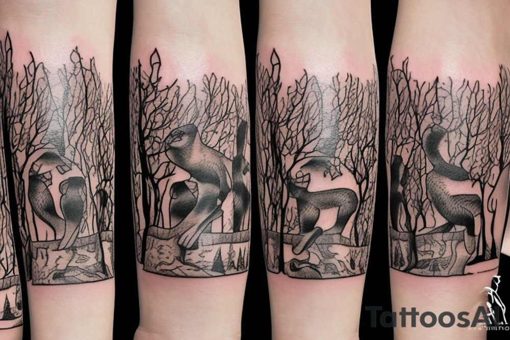 An oak tree on the island. A falcon is sitting on it, and a lynx is placed on the opposite side. A bear is sitting under an oak tree. tattoo idea