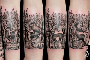 An oak tree on the island. A falcon is sitting on it, and a lynx is placed on the opposite side. A bear is sitting under an oak tree. tattoo idea