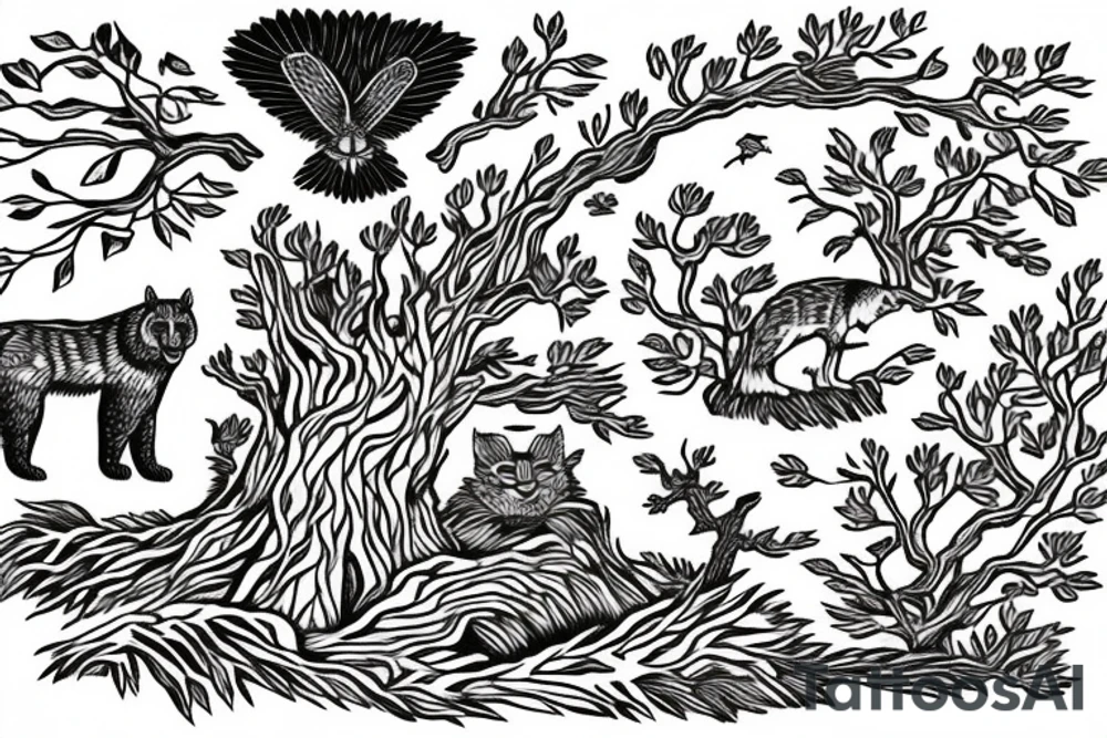 An oak tree on the island. A falcon is sitting on it, and a lynx is placed on the opposite side. A bear is sitting under an oak tree. tattoo idea