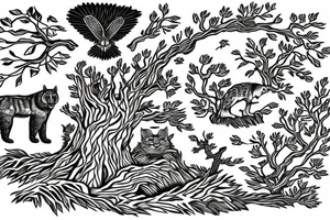 An oak tree on the island. A falcon is sitting on it, and a lynx is placed on the opposite side. A bear is sitting under an oak tree. tattoo idea