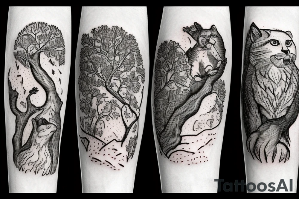 An oak tree on the island. A falcon is sitting on it, and a lynx is placed on the opposite side. A bear is sitting under an oak tree. tattoo idea