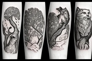 An oak tree on the island. A falcon is sitting on it, and a lynx is placed on the opposite side. A bear is sitting under an oak tree. tattoo idea