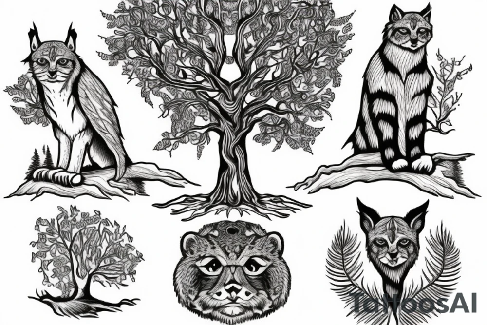 An oak tree on the island. A falcon is sitting on it, and a lynx is placed on the opposite side. A bear is sitting under an oak tree. tattoo idea