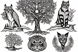 An oak tree on the island. A falcon is sitting on it, and a lynx is placed on the opposite side. A bear is sitting under an oak tree. tattoo idea