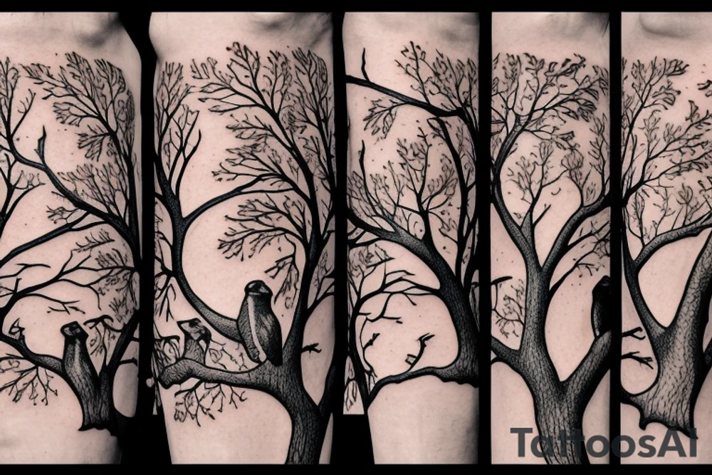 An oak tree on the island. A falcon is sitting on it, and a lynx is placed on the opposite side. A bear is sitting under an oak tree. tattoo idea