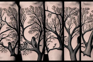 An oak tree on the island. A falcon is sitting on it, and a lynx is placed on the opposite side. A bear is sitting under an oak tree. tattoo idea