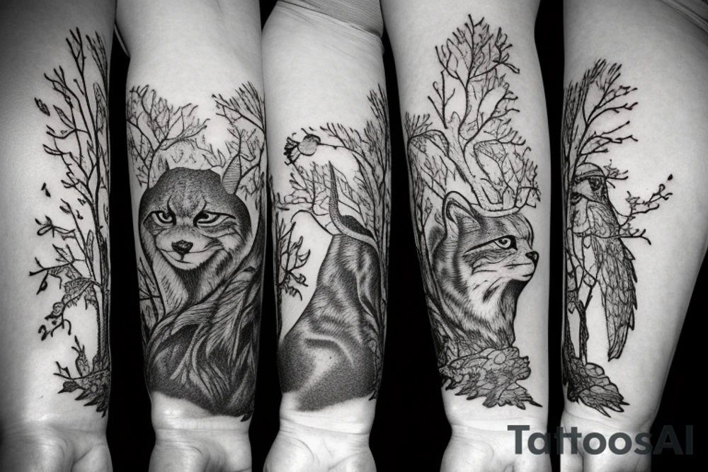 An oak tree on the island. A falcon is sitting on it, and a lynx is placed on the opposite side. A bear is sitting under an oak tree. tattoo idea