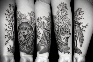 An oak tree on the island. A falcon is sitting on it, and a lynx is placed on the opposite side. A bear is sitting under an oak tree. tattoo idea